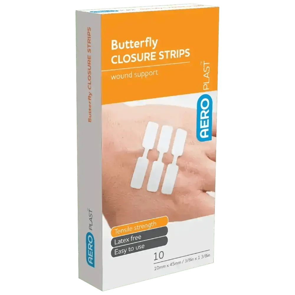 AEROPLAST Butterfly Wound Closures 45 x 10mm Box/10 - Premium Wound Closure Strips from AERO Healthcare - Shop now at Response Wize 