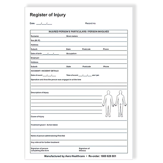 A5 Register of Injuries Duplicate Pad (25 pages) - Premium Stationery from AERO Healthcare - Shop now at Response Wize 