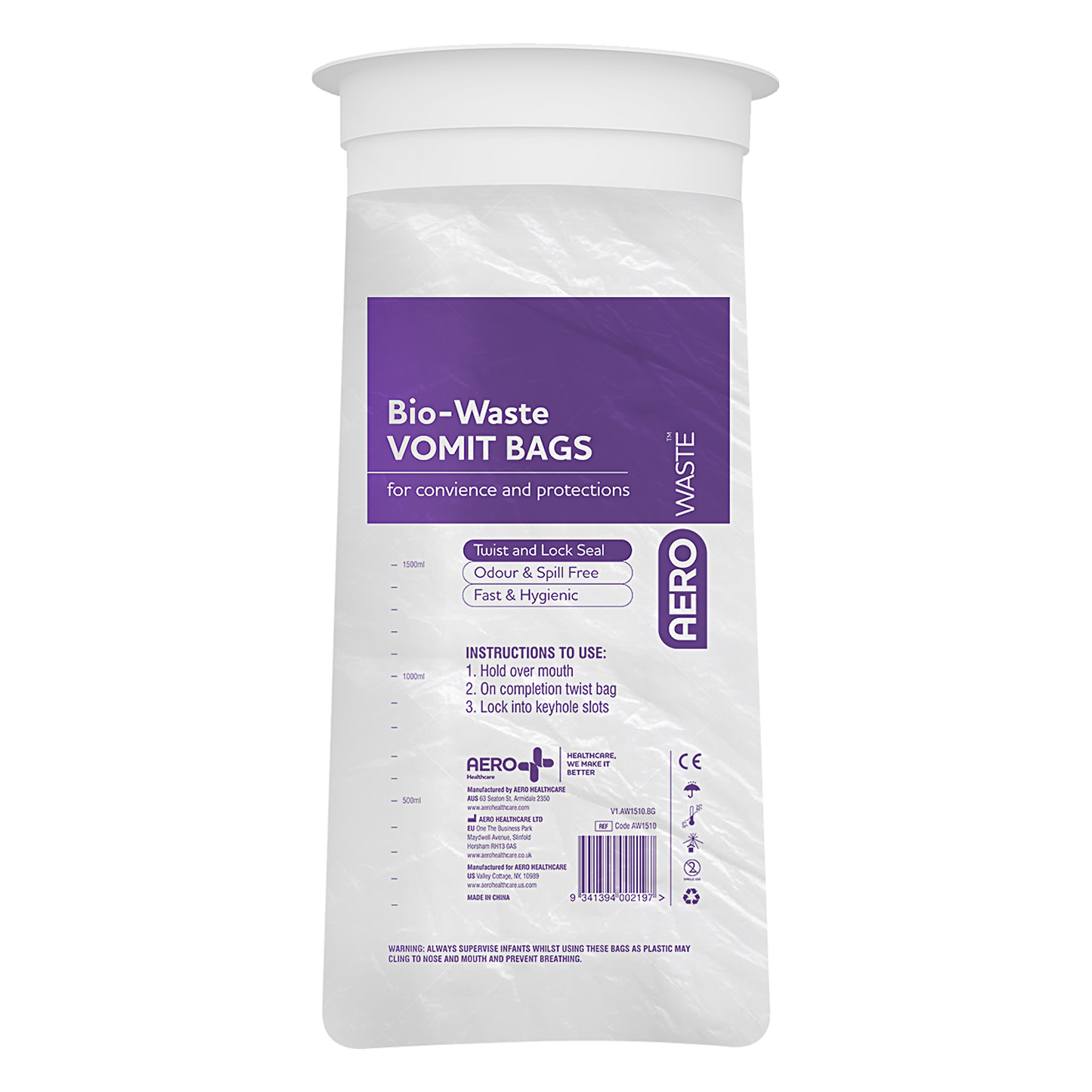 Vomit emesis Bag 1500ml 2pk/50box - Premium Vomit Containment from AERO Healthcare - Shop now at Response Wize 