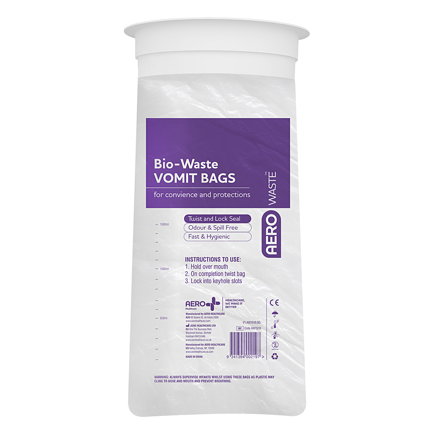 Vomit emesis Bag 1500ml 2pk/50box - Premium Vomit Containment from AERO Healthcare - Shop now at Response Wize 