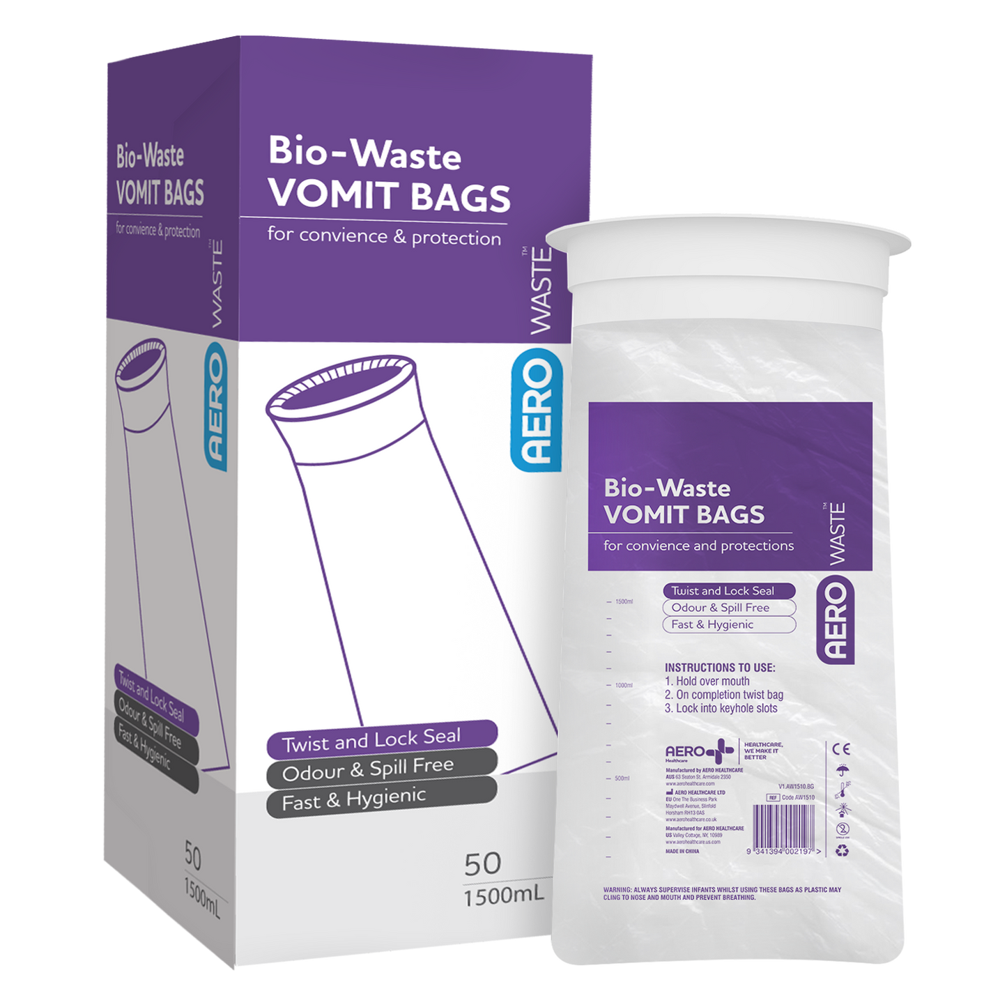 Vomit emesis Bag 1500ml 2pk/50box - Premium Vomit Containment from AERO Healthcare - Shop now at Response Wize 