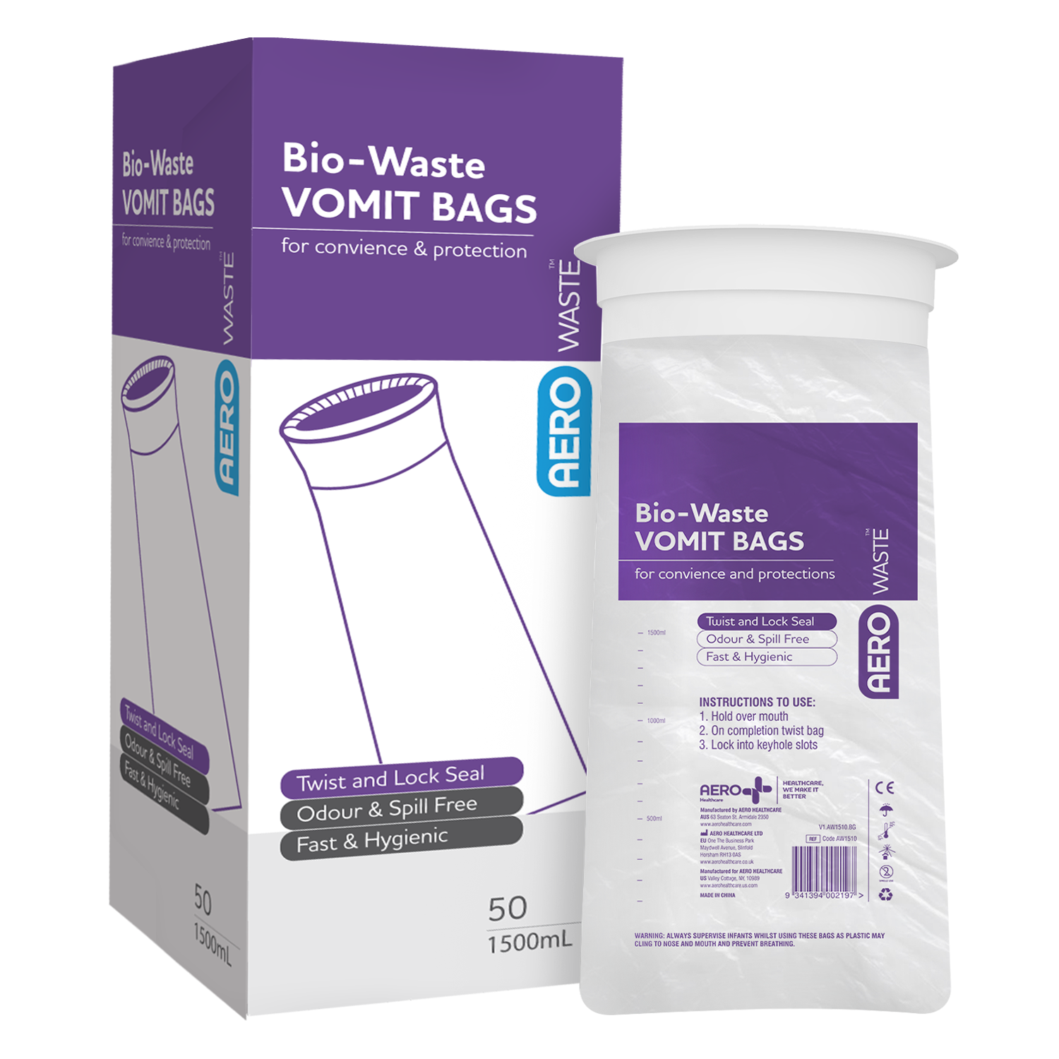 Vomit emesis Bag 1500ml 2pk/50box - Premium Vomit Containment from AERO Healthcare - Shop now at Response Wize 